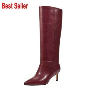 Knee High Boots with Kitten Heel, Pointed Toe, PU Leather, Side Zipper